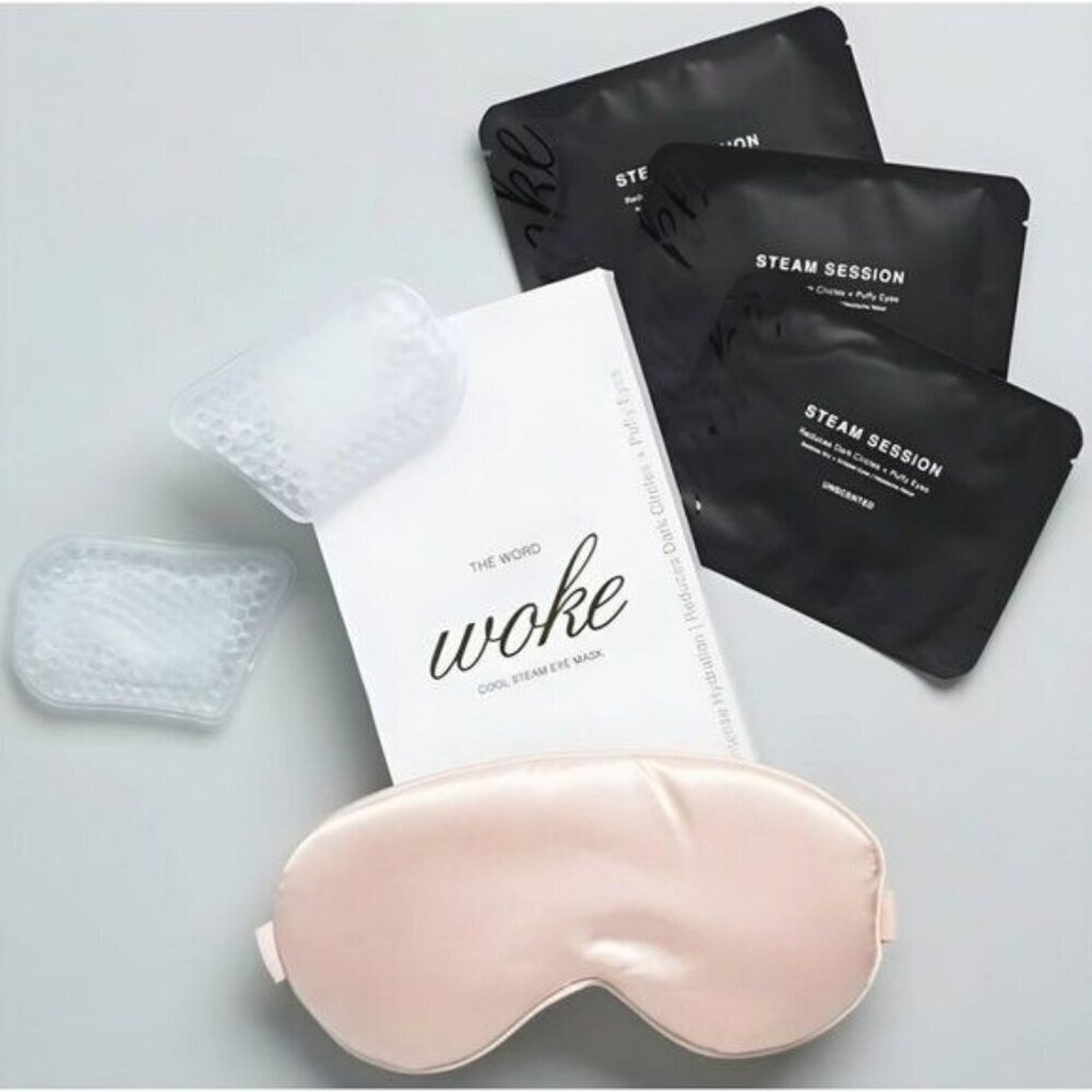 Woke ✦ Cool Steam Eye Mask Kit ✦ Blush Pink Reusable Gel Packs & Heat Cells NWT